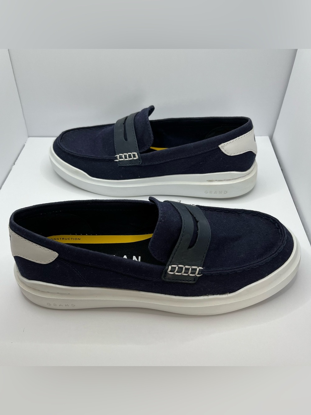 Cole Haan Navy Canvas Penny Loafers with White Platform Sole - Picture 3 of 5